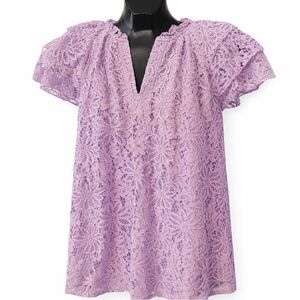 Nanette Lepore Lavender Lace Blouse Small | Short Sleeve V-Neck Romantic Top